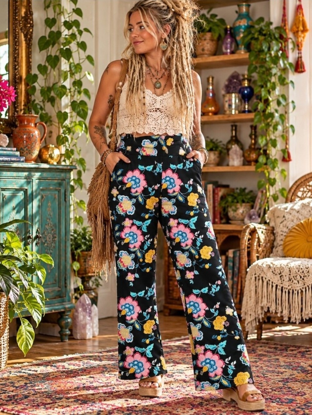 Sharagano Floral Dress Pants Black Colorful Boho 70s Revival Maximalist Retro